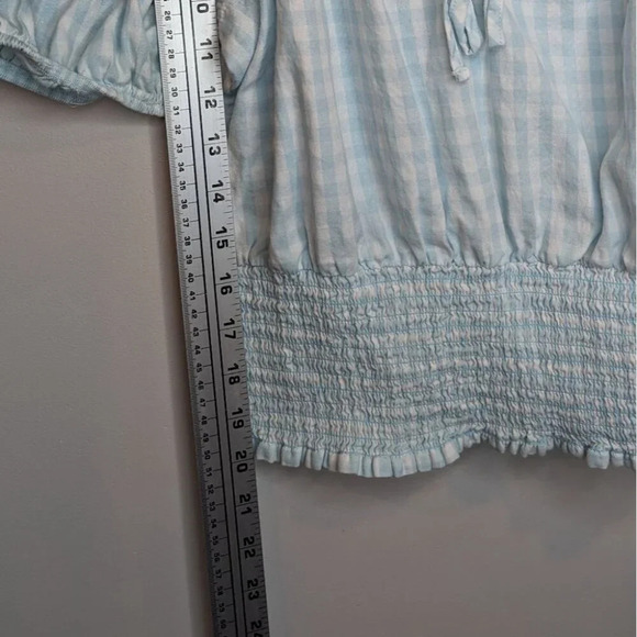 Lord & Taylor Design Lab Light Blue White Checkered Puff Sleeve Smocked Bottom M - Picture 6 of 7